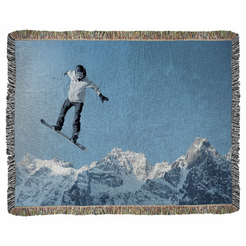 Man Snowboarding With Icy Mountain Woven Throw Blanket