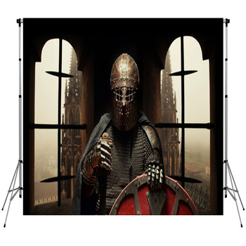 Medieval Khight In The Armor With The Fleece Backdrop
