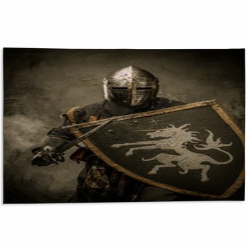 Medieval Knight With Sword And Shield Against Area Rug