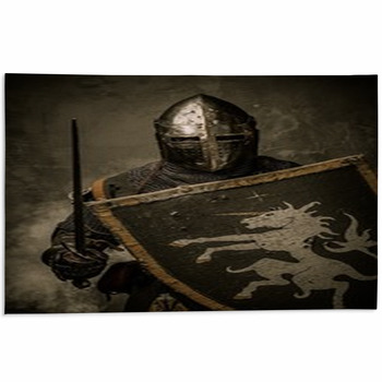 Medieval Knight With Sword And Shield Against Area Rug