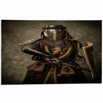 Medieval Knight With Sword And Shield Against Area Rug