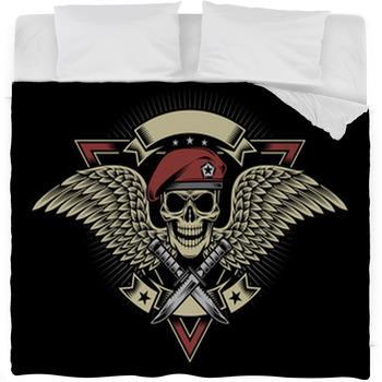 Military Skull With Wings And Daggers Fleece Bed Blanket