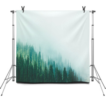 Misty Fog Pine Forest Mountain Slopes Fleece Backdrop