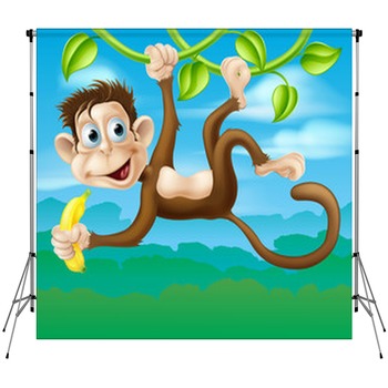 Monkey Cartoon In Jungle Swinging Custom Size Backdrop