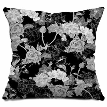 Monochrome Background With Flowers Tufted Floor Pillow