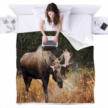 Moose Bull Blowing Some Steam, Male,  Fleece Bed Blanket