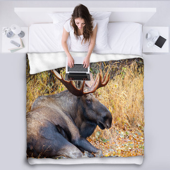 Moose Bull With Big Antlers, Male, Fleece Blanket