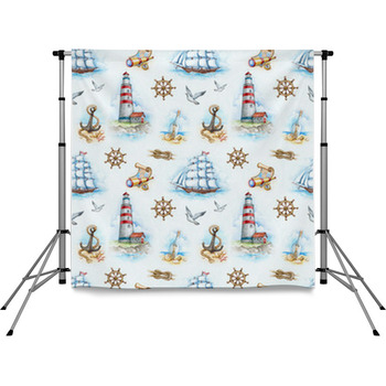 Nautical Watercolor Seamless Pole Pocket Backdrop