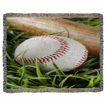 New White Baseball In Green Grass Woven Throw Blanket
