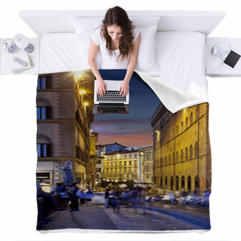 Night Streets Of Florence, Italy Fleece Bed Blanket