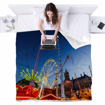 Night View Of Amusement Park Carousel Fleece Bed Blanket