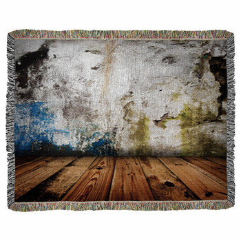 Old Grunge Wall And Wooden Floor In Woven Throw Blanket