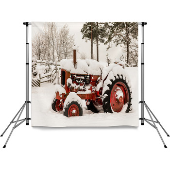 Old Red Tractor Covered In Snow Pole Pocket Backdrop