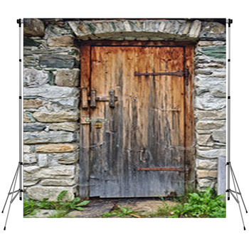 Old Wooden Door In Field Stone Wall Fleece Backdrop