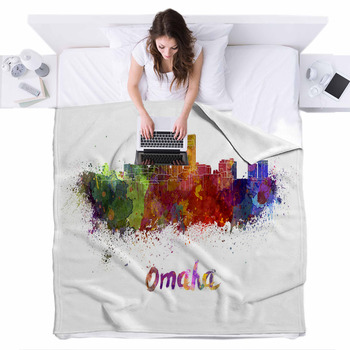 Omaha Skyline In Watercolor Fleece Bed Blanket
