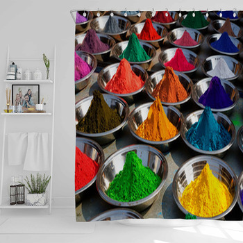 On The Photo: Colorful Tika Powders On Shower Curtain