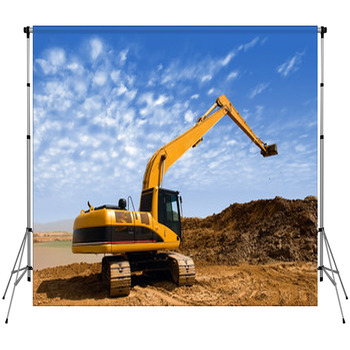 Orange Excavator At Construction Custom Size Backdrop