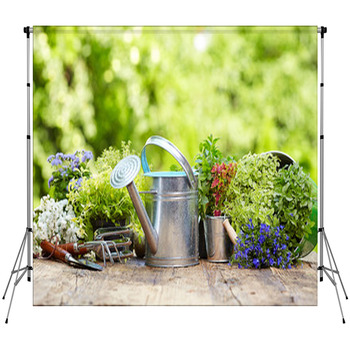 Outdoor Gardening Tools And Flowers Custom Size Backdrop