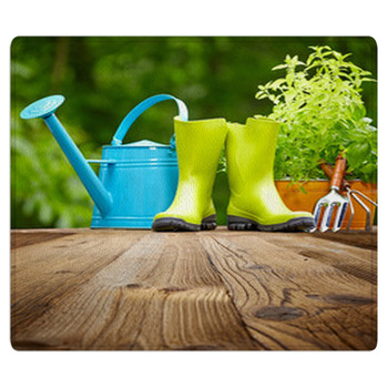 Outdoor Gardening Tools  On Old Wood Table Area Rug