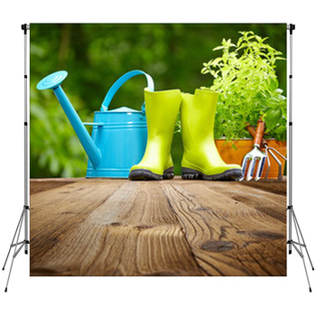 Outdoor Gardening Tools  On Old Wood Fleece Backdrop