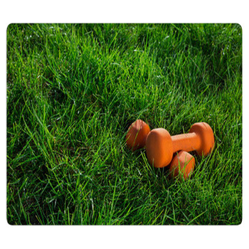 Pair Of Orange Dumbbells On Grass In Warm Bath Mat