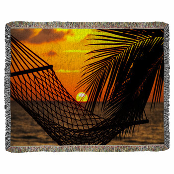 Palm, Hammock And Sunset Woven Throw Blanket