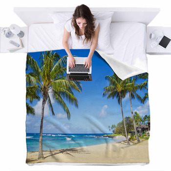 Palm Trees On The Sandy Beach In Fleece Bed Blanket