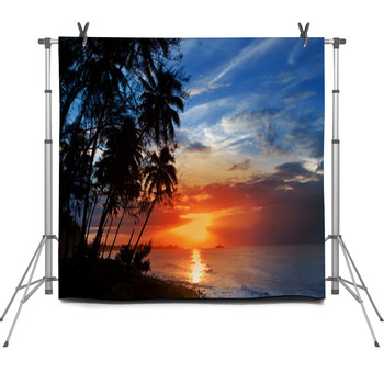 Palm Trees Silhouette And A Sunset Over  Fleece Backdrop