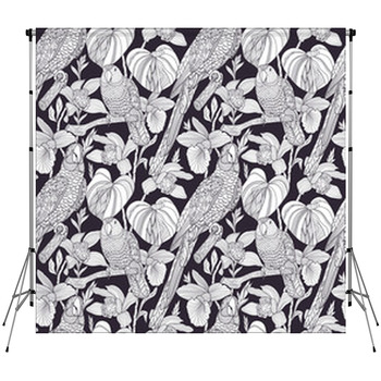 Parrots And Tropical Flowers. Custom Size Backdrop