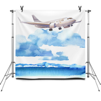 Passenger Airplane In Blue Sky And Fleece Backdrop