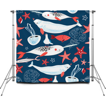 Pattern Of Sea Whales And Fish Custom Size Backdrop