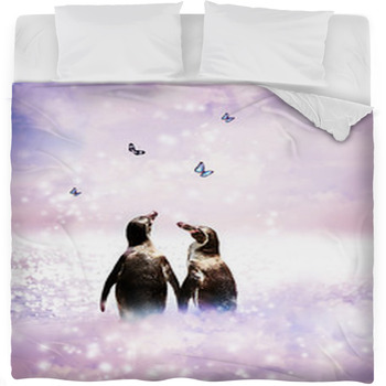 Penguin Couple In Fantasy Landscape Fleece Bed Blanket