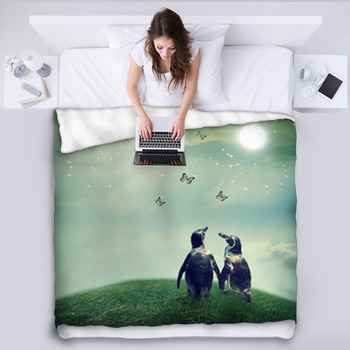 Penguin Couple In Fantasy Landscape Fleece Blanket