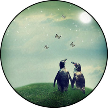 Penguin Couple In Fantasy Landscape Round Rug