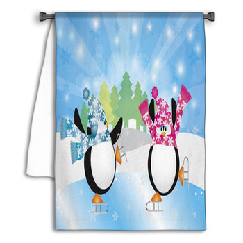 Penguins Pair Ice Skating In Winter Scene Towel