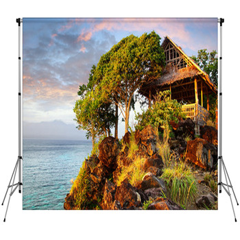 Picturesque Landscape With Hut. Fleece Backdrop