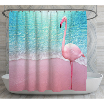 Pink Flamingo Bird Sandy Beach And Soft Shower Curtain