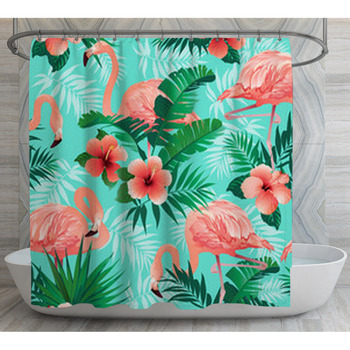 Pink Flamingos Exotic Birds Tropical Palm  Shower Curtain