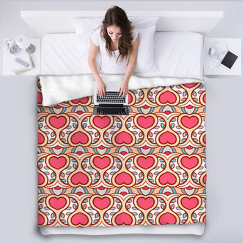 Pink Hearts And Blue Leaves Fleece Blanket