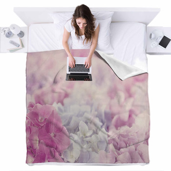 Pink Hydrangea Flowers Fleece Bed Blanket