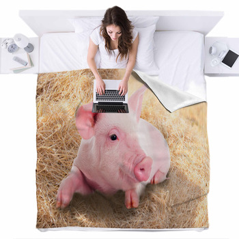 Pink Piggy Lying In Dry Straw. Fleece Bed Blanket