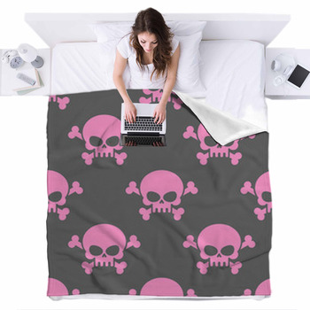Pink Skull On A Grey Background Fleece Bed Blanket