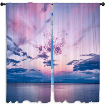 Pink Sunset Lake Superior With Boat Ship Window Curtain