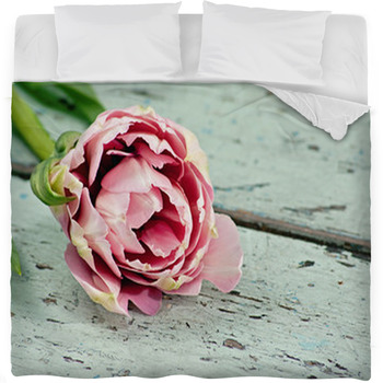 Pink Tulips On A Wooden Surface Fleece Bed Blanket