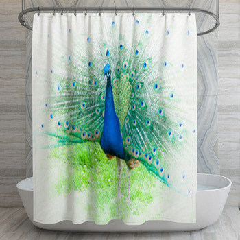 Male Peacock with the Tail Spread Around Him Polyester Fabric Shower Curtain Set 