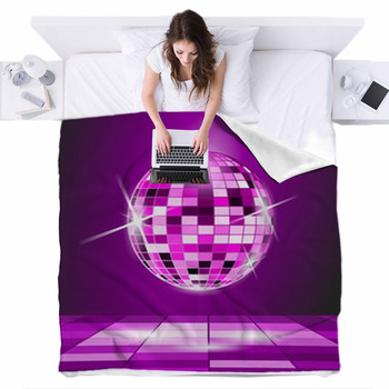 Purple Party Background, Disco Ball Fleece Bed Blanket