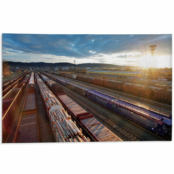 Railway At Sunset With Cargo Trains. Area Rug