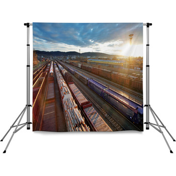 Railway At Sunset With Cargo Pole Pocket Backdrop