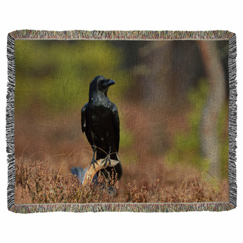 Raven (corvus Corax) On Branch In Woven Throw Blanket