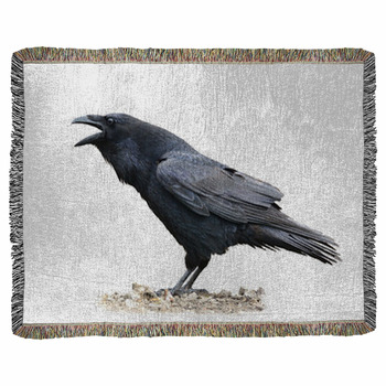 Raven Screaming On White Background Woven Throw Blanket